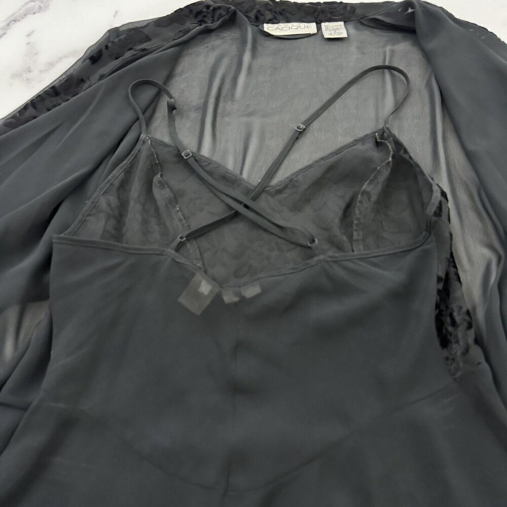 Cacique Womens Vintage Negligee Slip Robe Set Plus Size S Black Sheer Floral - Picture 11 of 16